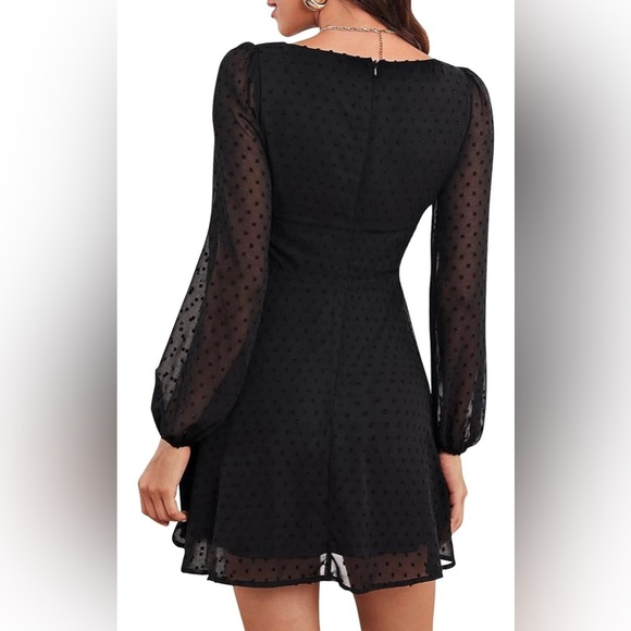 Women's Polka Dot Square Neck A line Long Sleeve Swiss Dot Mini Dress - Picture 2 of 6